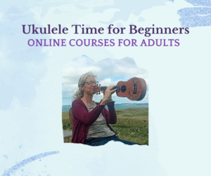 Claire Marie Barton playing a ukulele outdoors in West Cork — promoting Ukulele Time for Beginners online course for adults